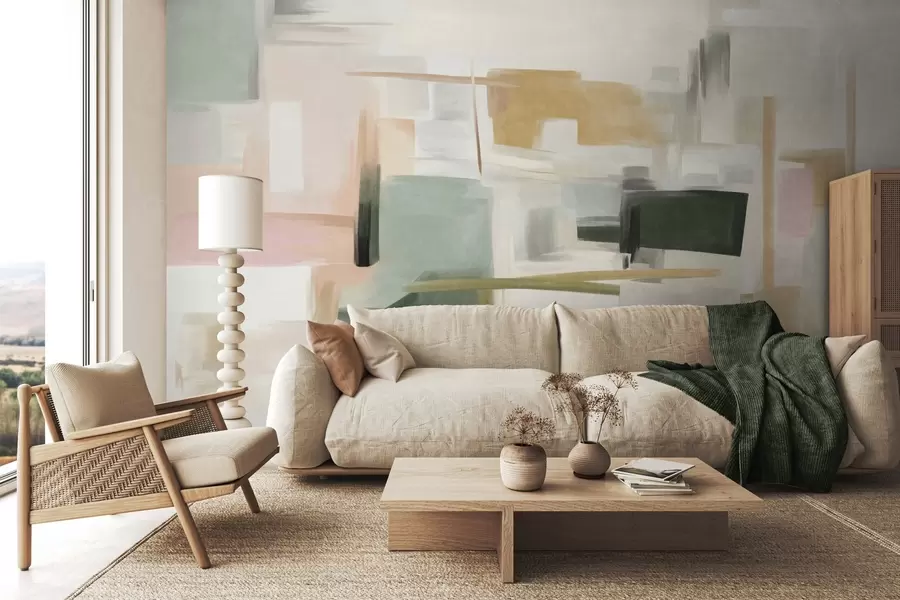 murales de pared Estilo pictórico minimalista abstracto con suaves tonos pastel, formas geométricas y líneas w09828
