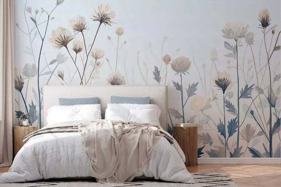 murales de pared Hierbas y flores silvestres pintadas en un estilo paisajístico sobre un fondo claro w05563