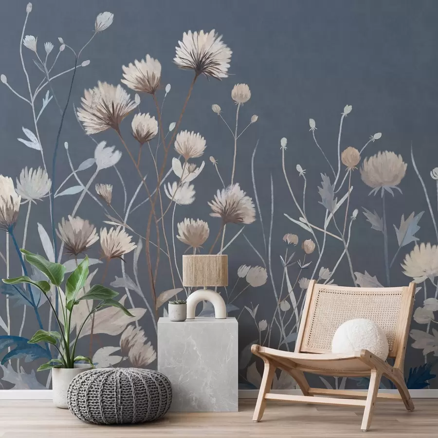 murales de pared Flores silvestres y hierbas representadas con un estilo pictórico sobre un fondo azul oscuro w05563v1