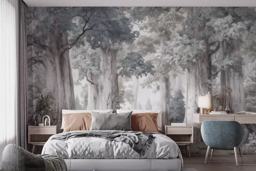 murales de pared Un bosque de cuento de hadas con árboles altos y una paleta de colores suaves y tenues, al estilo de la acuarela w09849