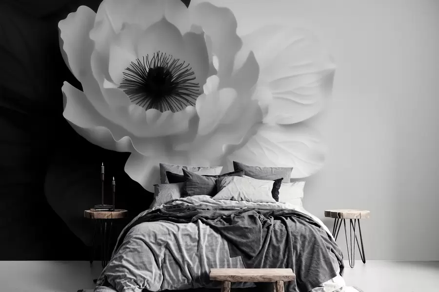 murales de pared Una flor blanca que contrasta con un centro oscuro sobre un fondo en blanco y negro w09852