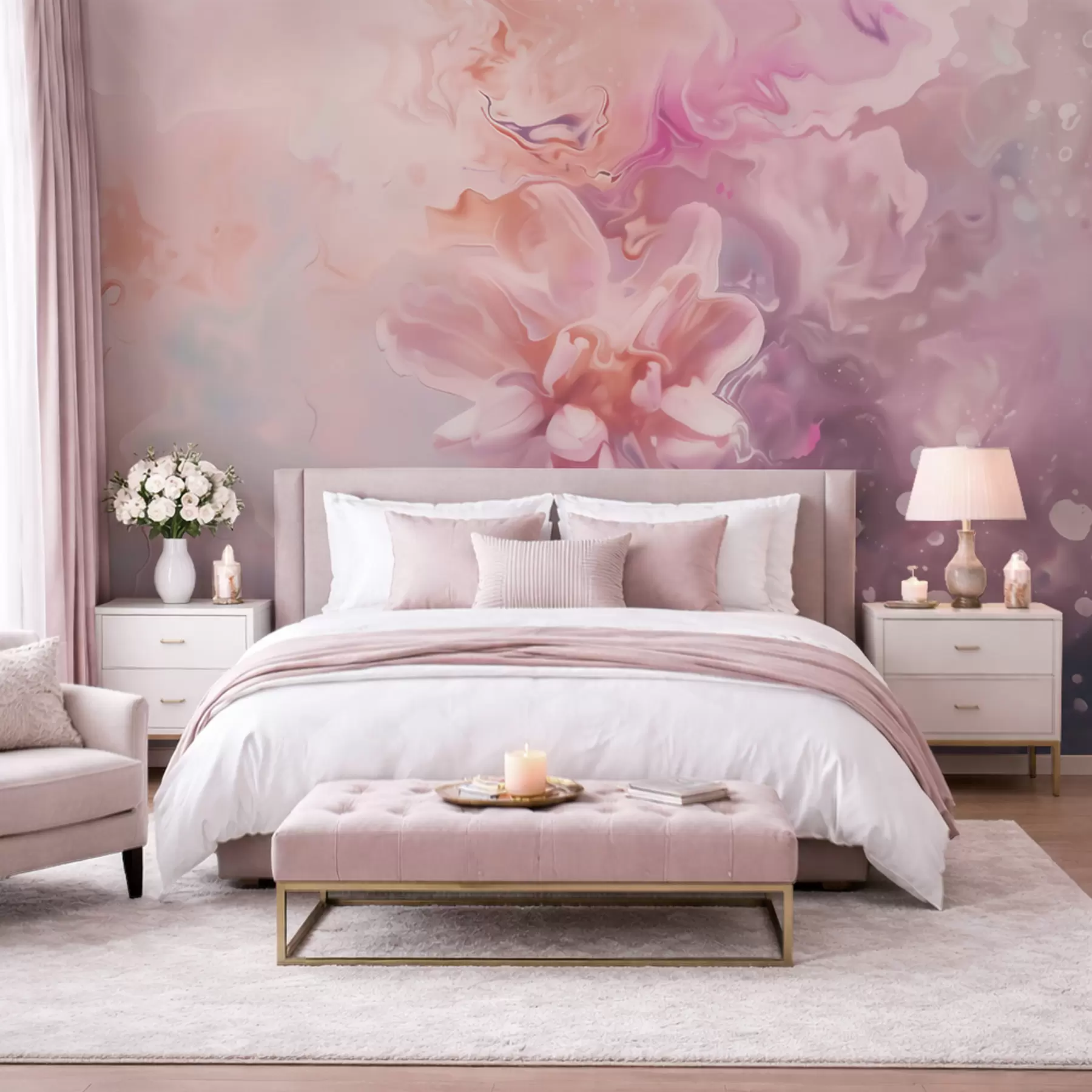 murales de pared Una composición abstracta con una flor y suaves tonos rosados en estilo acuarela w09859