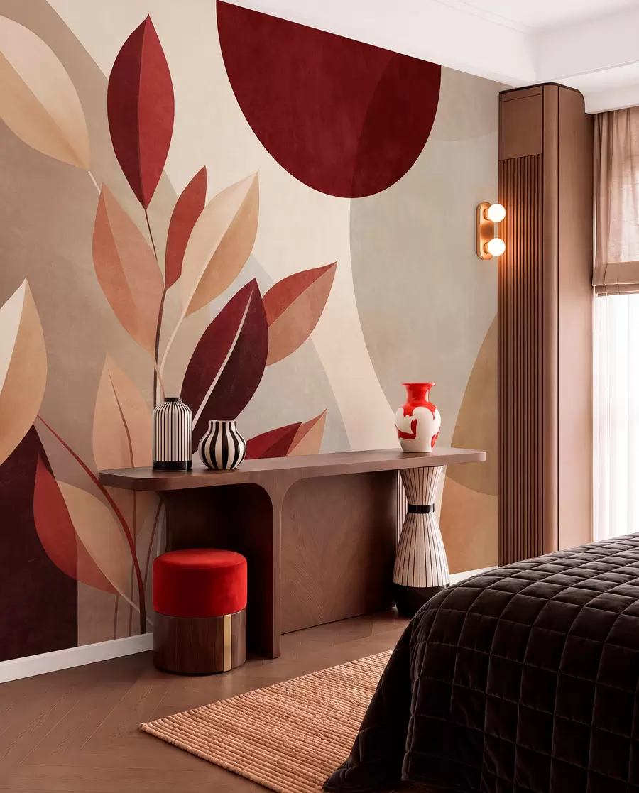 murales de pared Hojas con textura en tonos burdeos y beige sobre un fondo de formas abstractas, minimalismo y arte moderno w09829