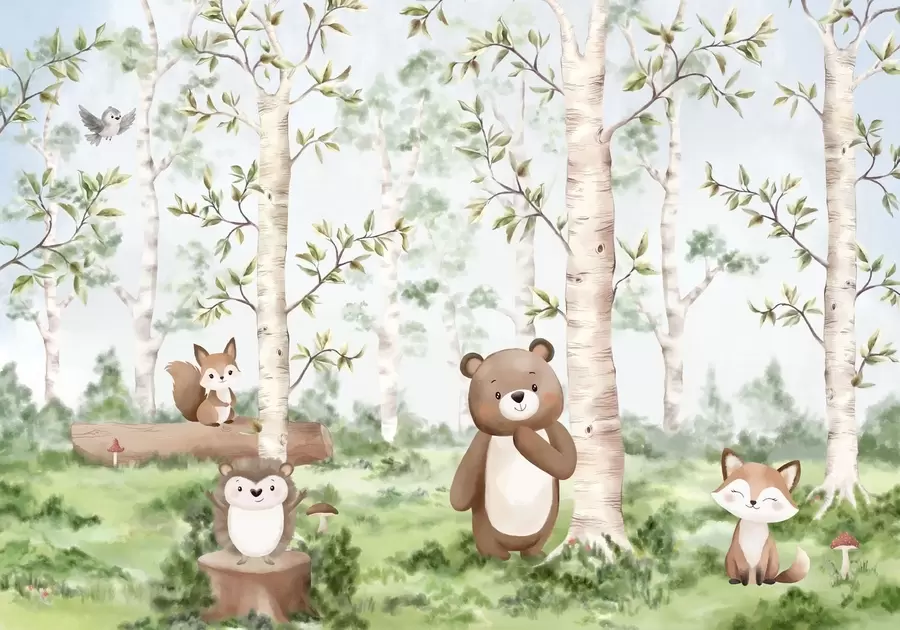 murales de pared Una ilustración infantil de un bosque en la que aparecen un oso, un zorro y un erizo w05532