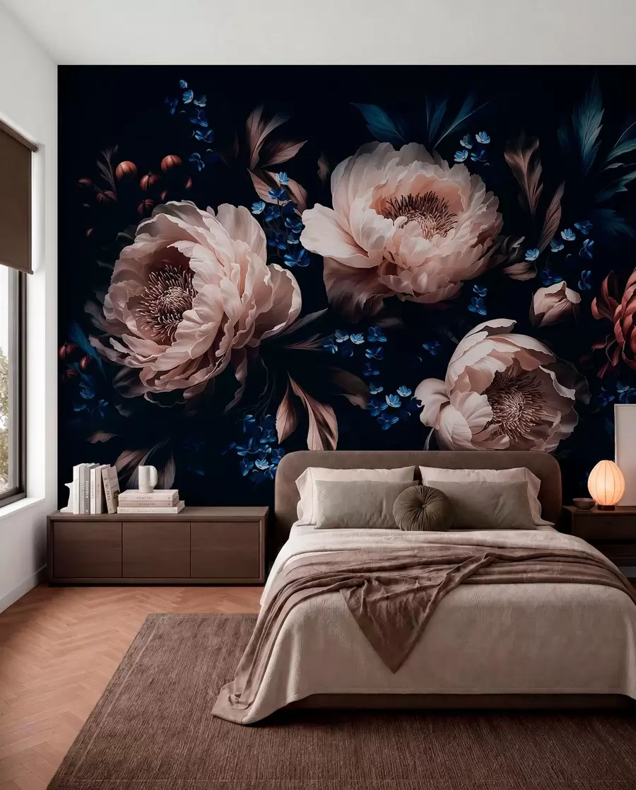 murales de pared Composición floral en tonos oscuros con flores y hojas grandes w05533
