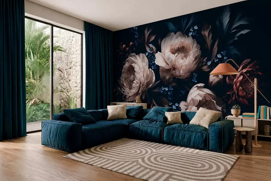 murales de pared Composición floral en tonos oscuros con flores y hojas grandes w05533