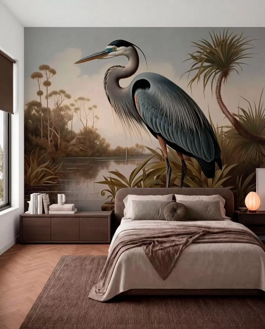 murales de pared Una garza junto al agua, entre las plantas de la orilla w05572