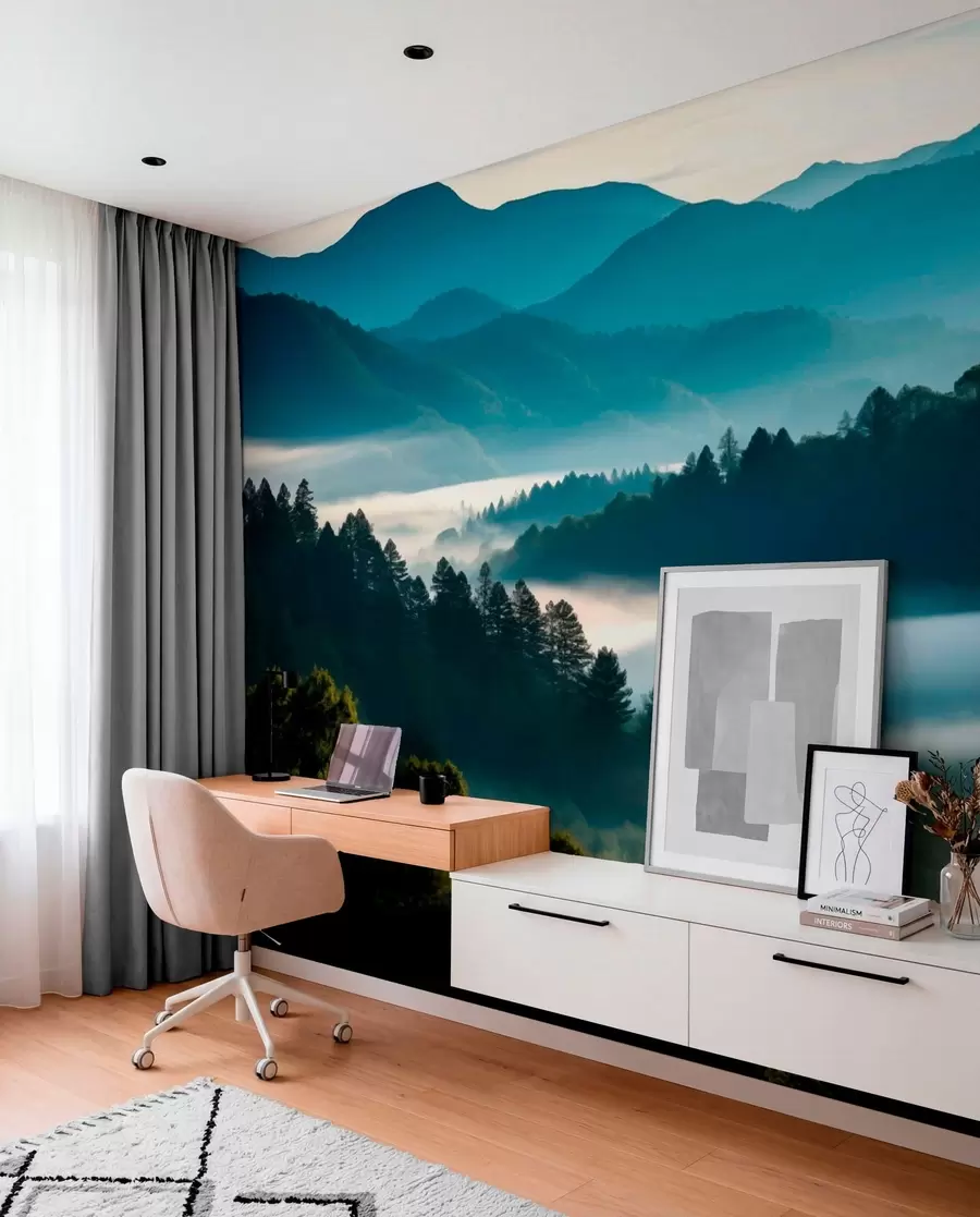 murales de pared Paisaje montañoso con niebla y bosques al amanecer w05573