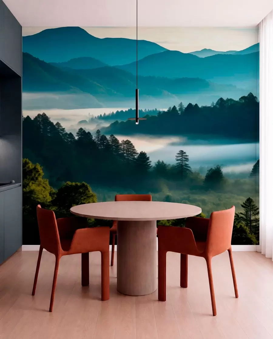 murales de pared Paisaje montañoso con niebla y bosques al amanecer w05573