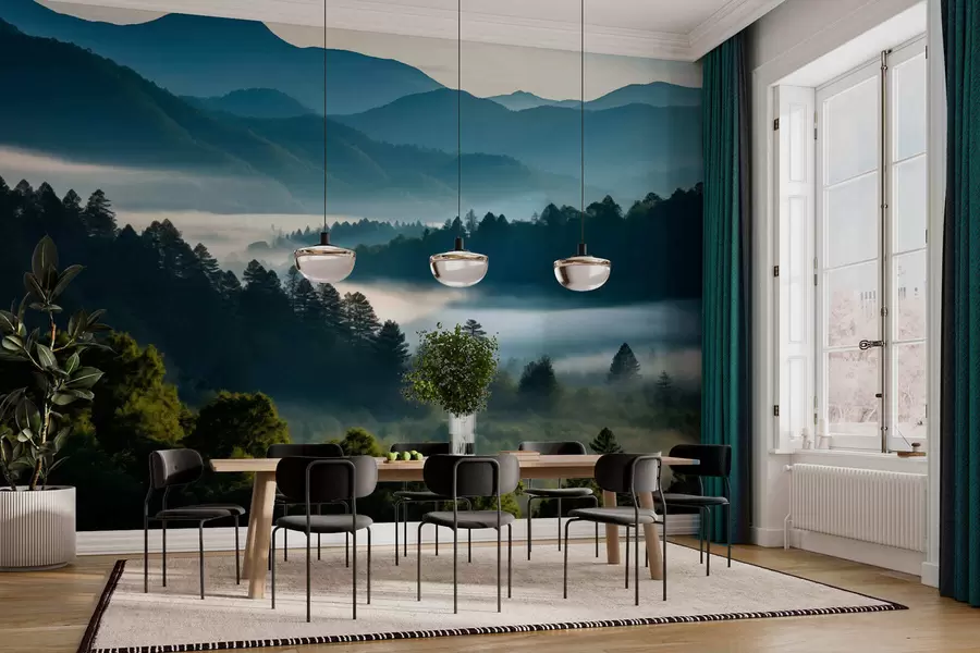 murales de pared Paisaje montañoso con niebla y bosques al amanecer w05573