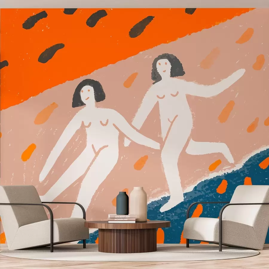 murales de pared arte contemporáneo: dos mujeres corriendo por la costa w05564