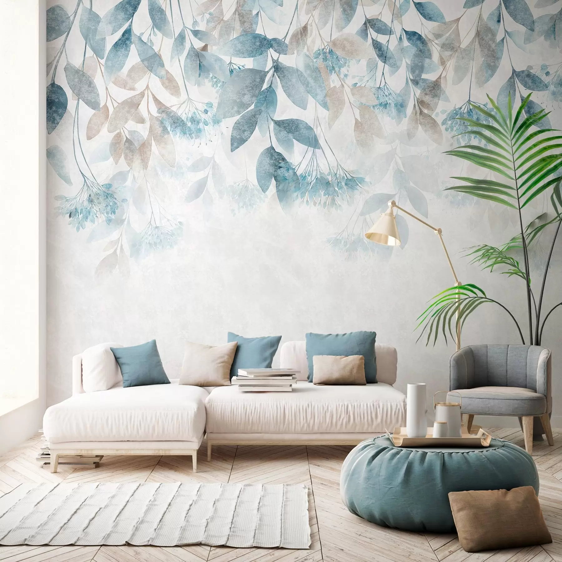 murales de pared hojas con textura que caen en cascada, con flores en tonos turquesa y beige w05565