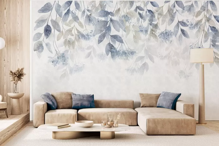 murales de pared hojas con textura y en cascada, con flores en tonos azules y beige w05565v1
