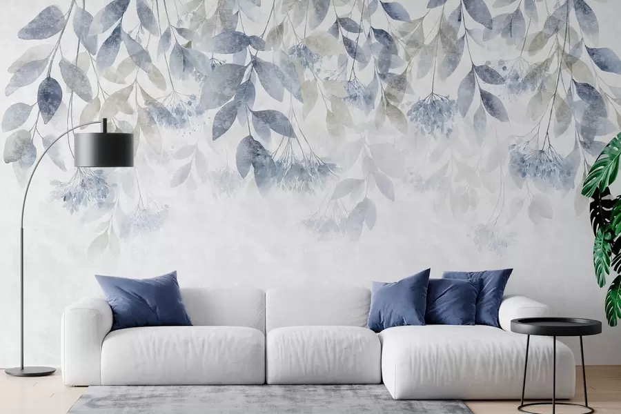 murales de pared hojas con textura y en cascada, con flores en tonos azules y beige w05565v1
