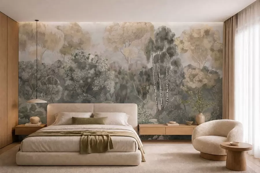 murales de pared Paisaje forestal con un río y árboles frondosos w05542v1