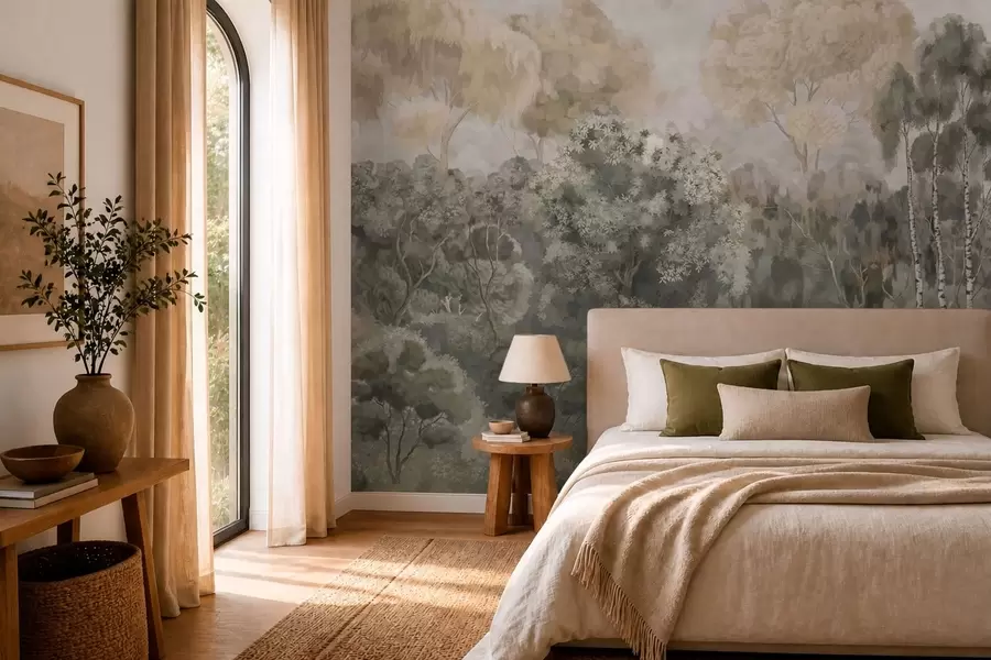 murales de pared Paisaje forestal con un río y árboles frondosos w05542v1