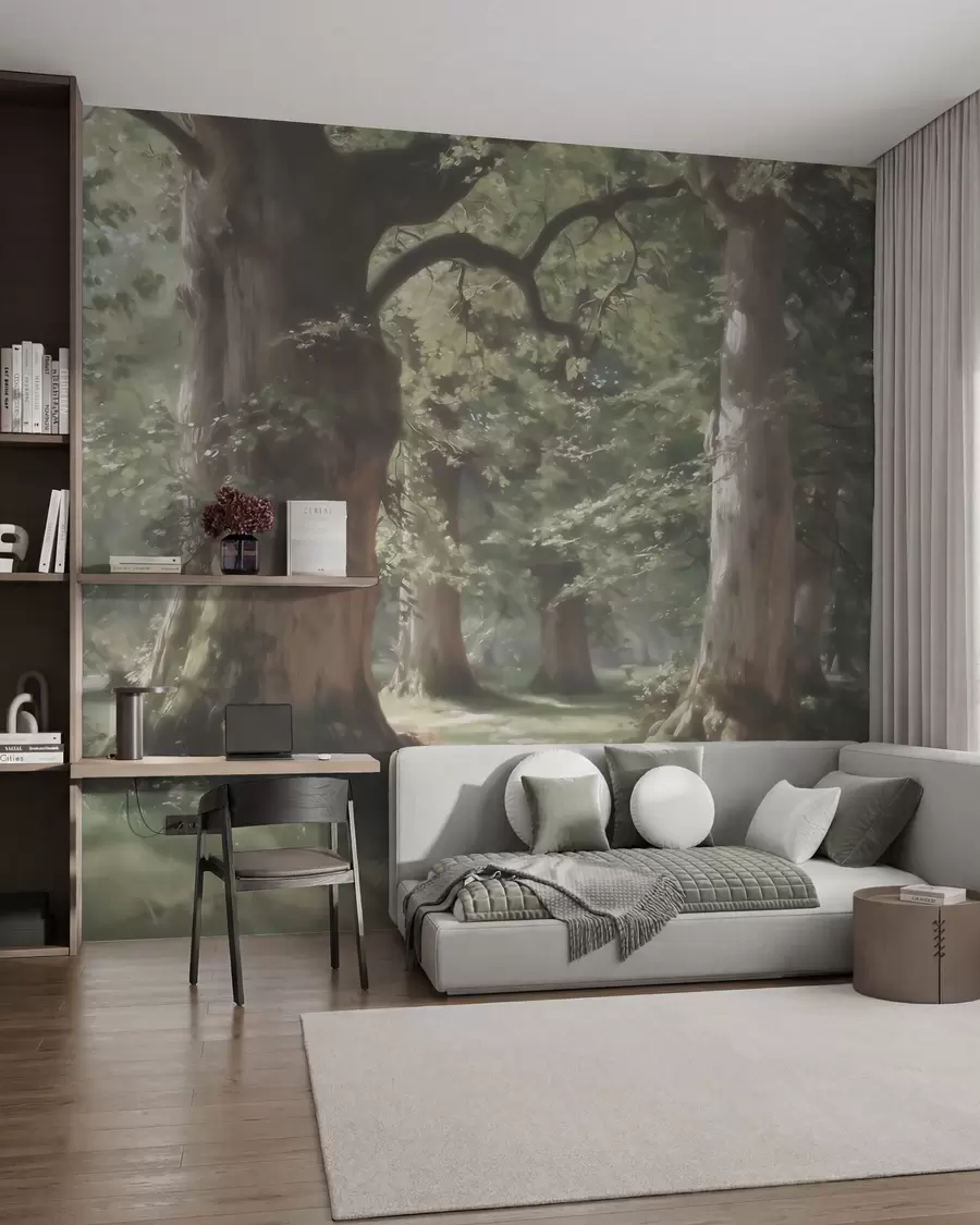 murales de pared Paisaje de bosque de cuento de hadas en una suave paleta de tonos verde y beige, con estilo pictórico w09845