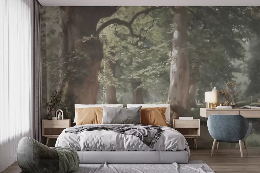 murales de pared Paisaje de bosque de cuento de hadas en una suave paleta de tonos verde y beige, con estilo pictórico w09845