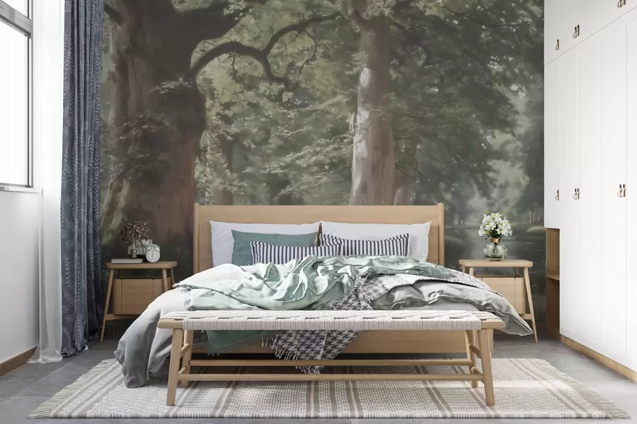murales de pared Paisaje de bosque de cuento de hadas en una suave paleta de tonos verde y beige, con estilo pictórico w09845