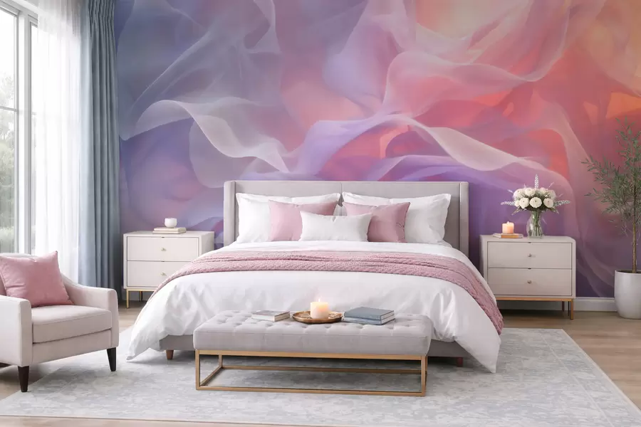 murales de pared Una abstracción etérea con ondas translúcidas en una paleta de tonos rosa y lila w09851