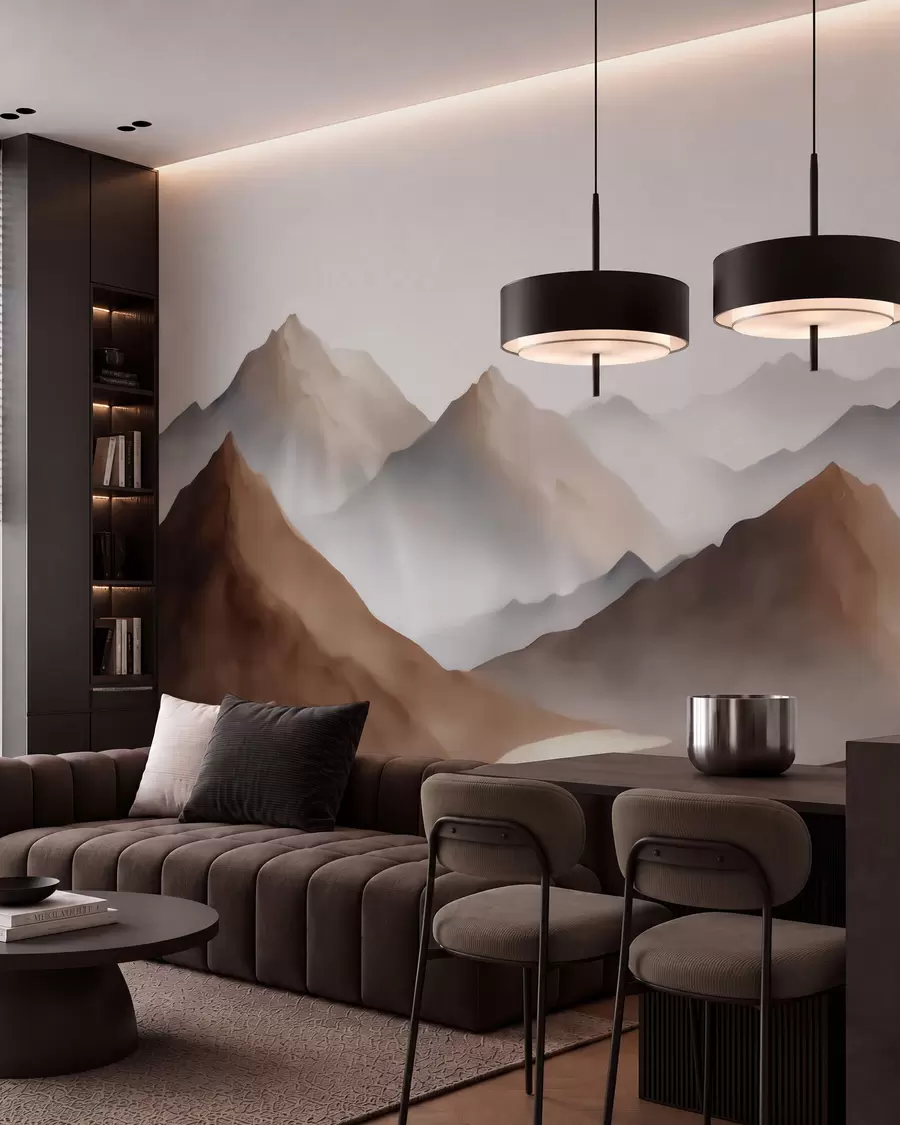 murales de pared Cumbres brumosas en tonos beige y marrón, con un estilo de acuarela w09857