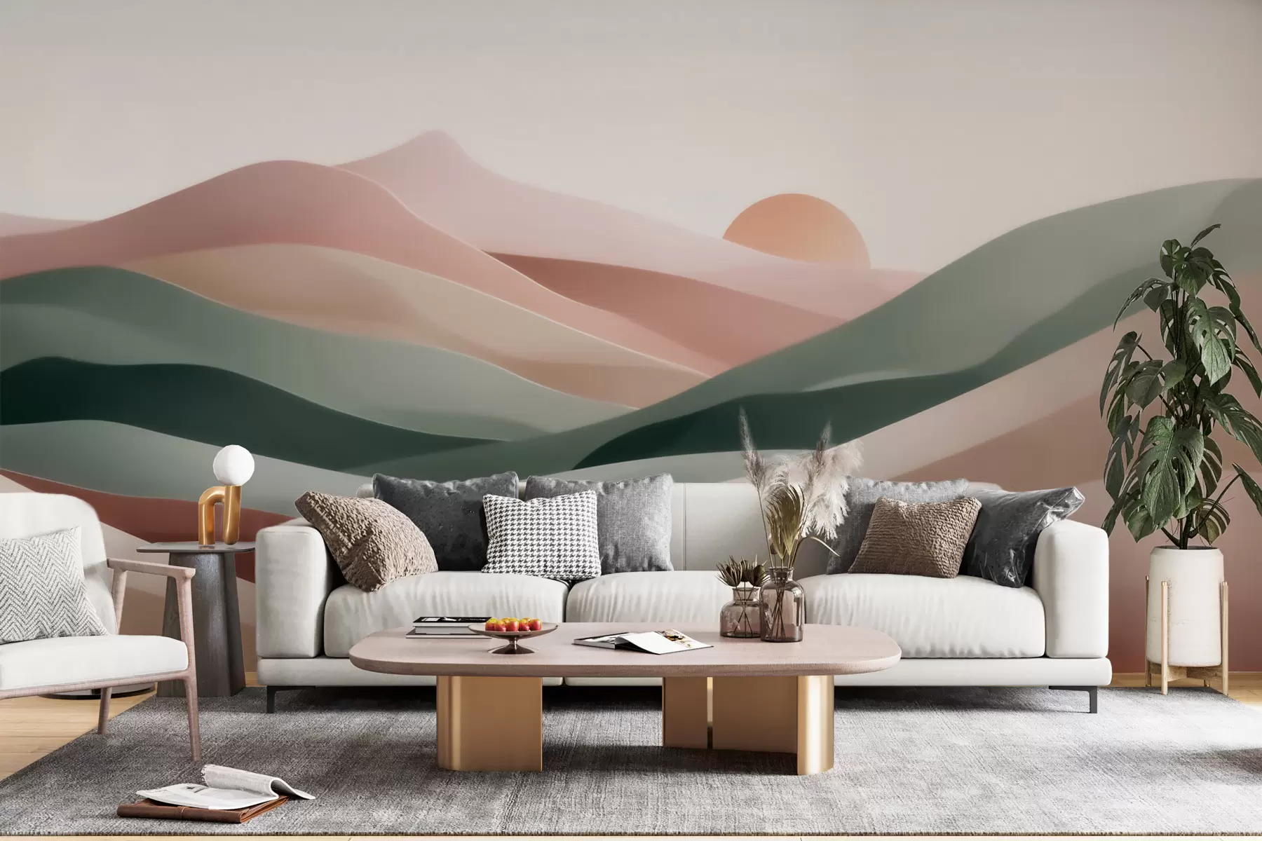 murales de pared Paisaje desértico abstracto en una paleta de tonos verde y rosa pastel, minimalismo w09860