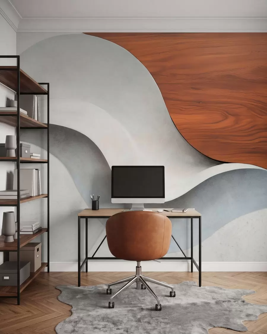 murales de pared Ondas abstractas fluidas con cálidos toques de madera, diseño contemporáneo minimalista w05599