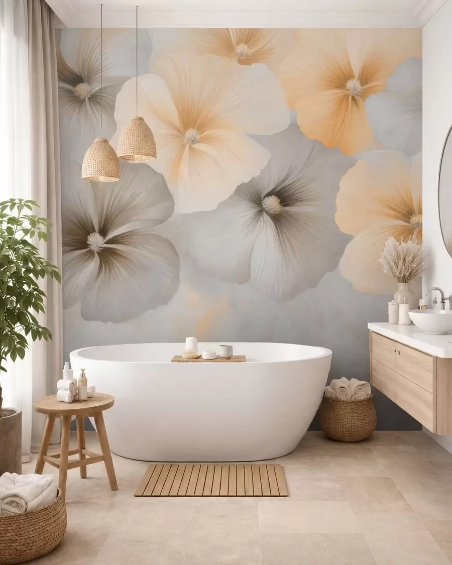 murales de pared Flores en tonos pastel suaves, con matices de amarillo cremoso y gris, sobre un fondo delicado w05600