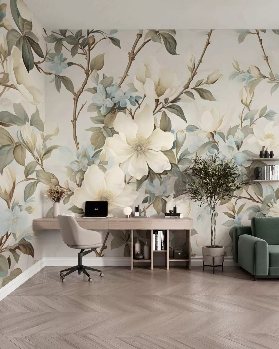 murales de pared Delicadas flores y suaves hojas verdes en un estilo pictórico vintage con sutiles pinceladas w05601