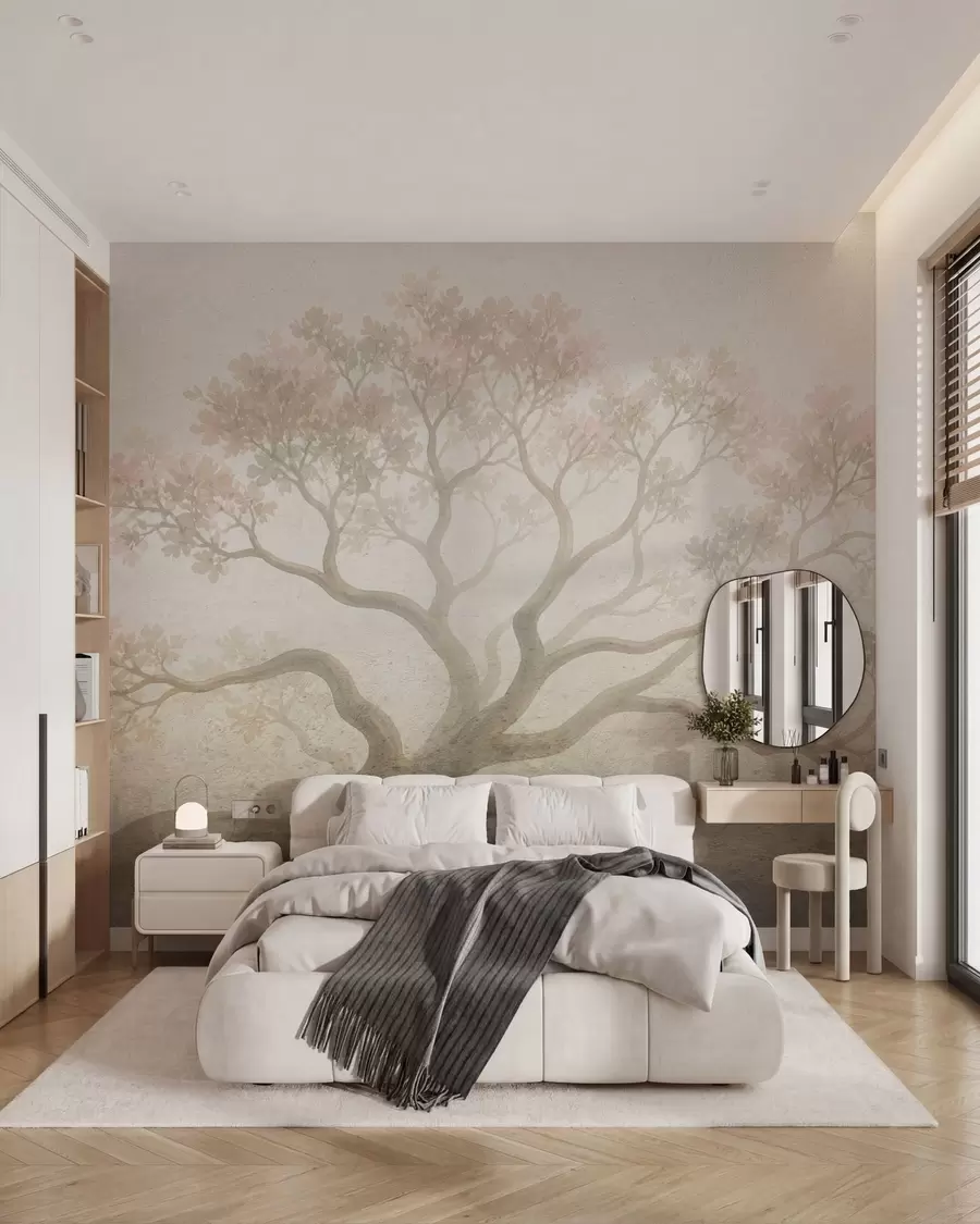 murales de pared Paisaje minimalista de un árbol envuelto en niebla en suaves tonos beige; arte atmosférico y evocador w05602