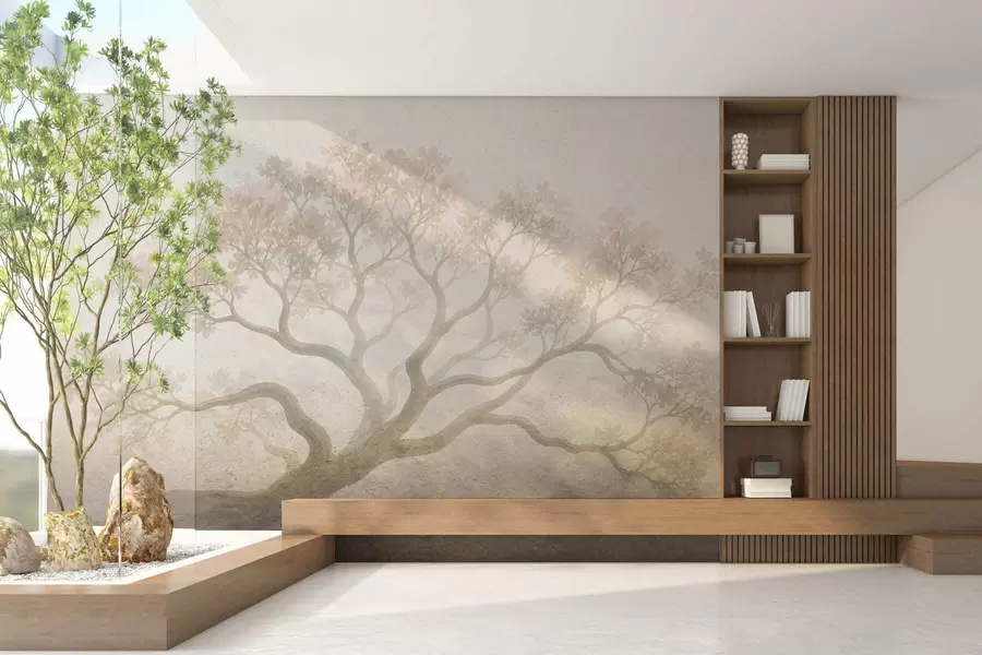 murales de pared Paisaje minimalista de un árbol envuelto en niebla en suaves tonos beige; arte atmosférico y evocador w05602