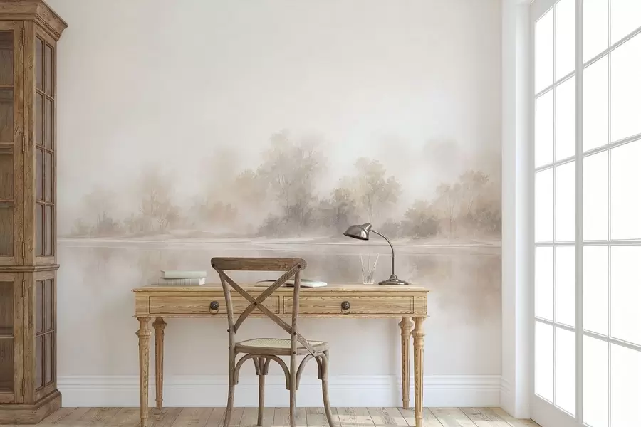 murales de pared Paisaje brumoso minimalista con delicados reflejos en tonos neutros cálidos w05606