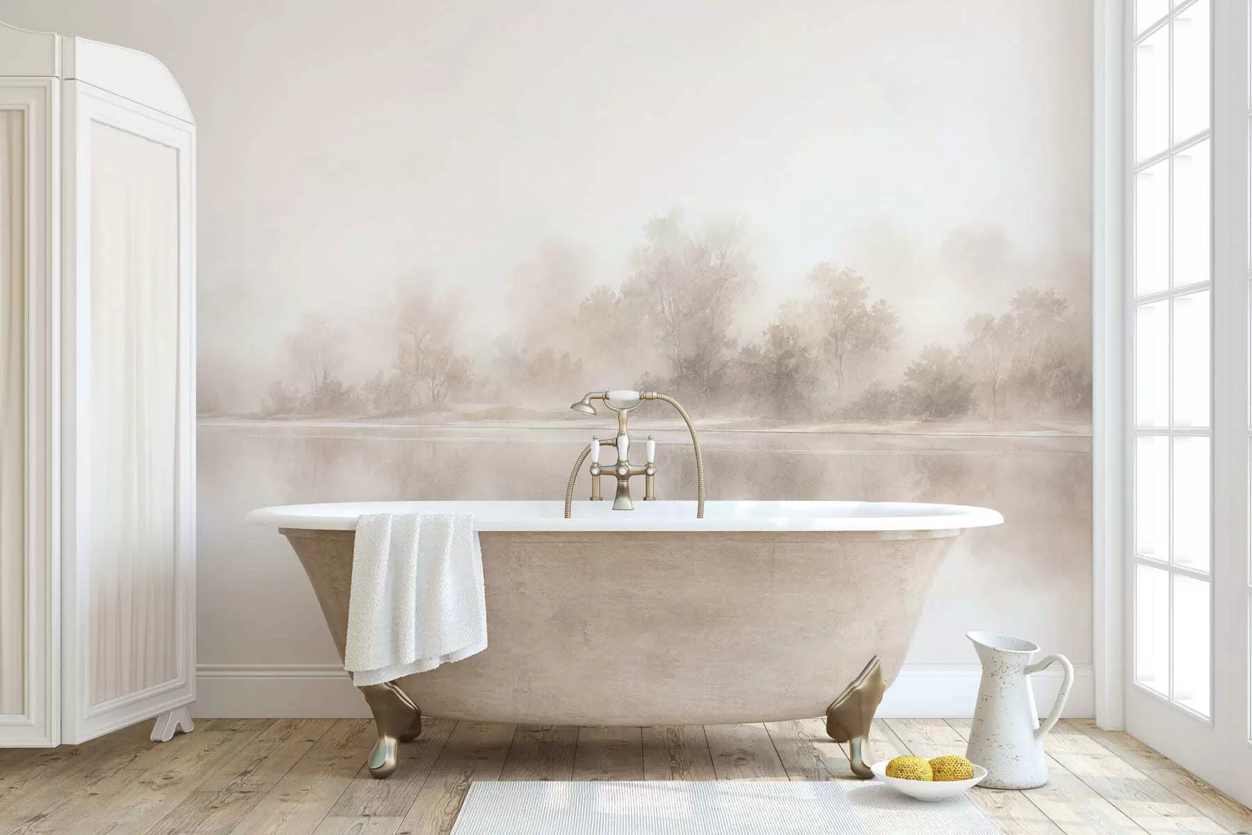 murales de pared Paisaje brumoso minimalista con delicados reflejos en tonos neutros cálidos w05606