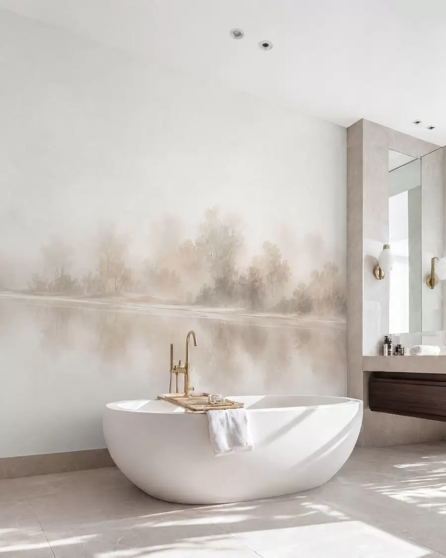 murales de pared Paisaje brumoso minimalista con delicados reflejos en tonos neutros cálidos w05606