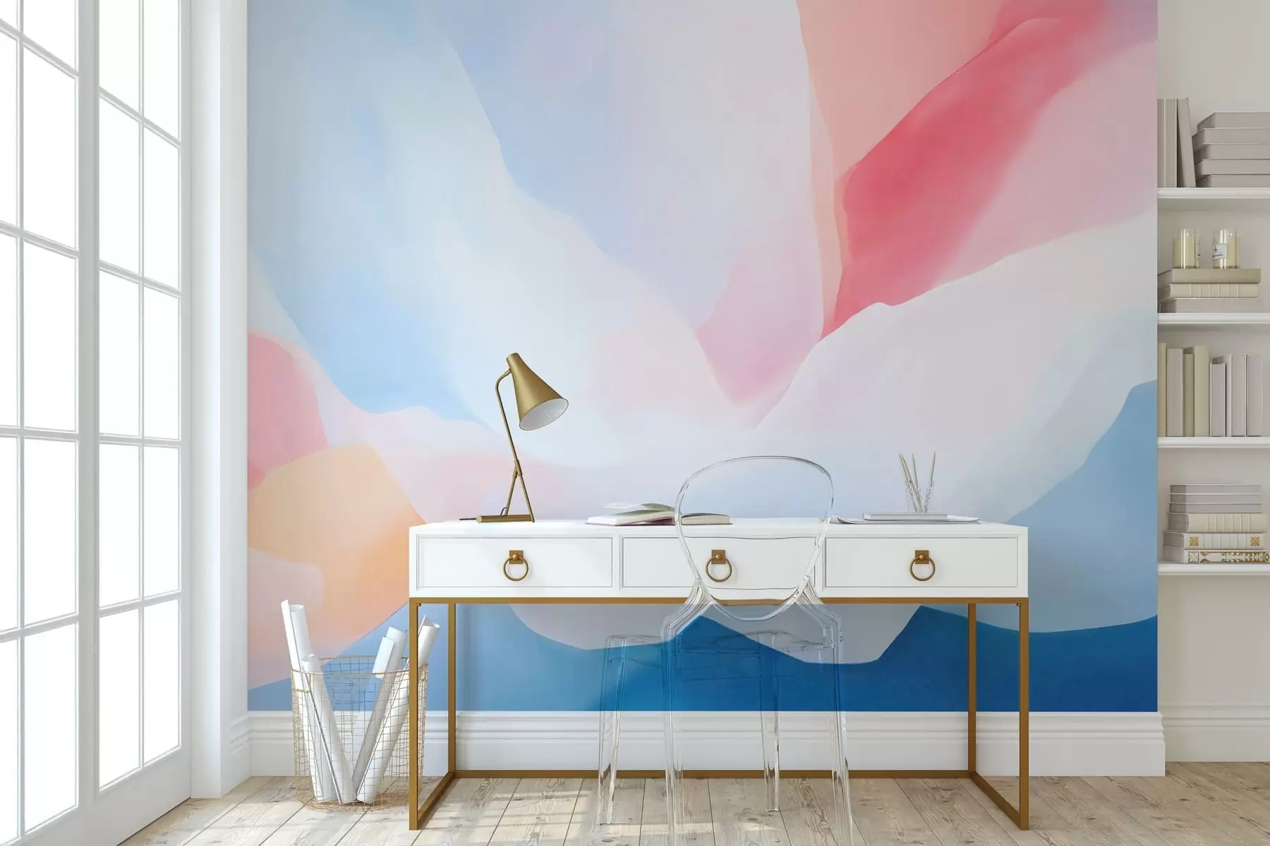 murales de pared Olas abstractas en tonos pastel con suaves degradados de rosa y azul al estilo de la acuarela w05609