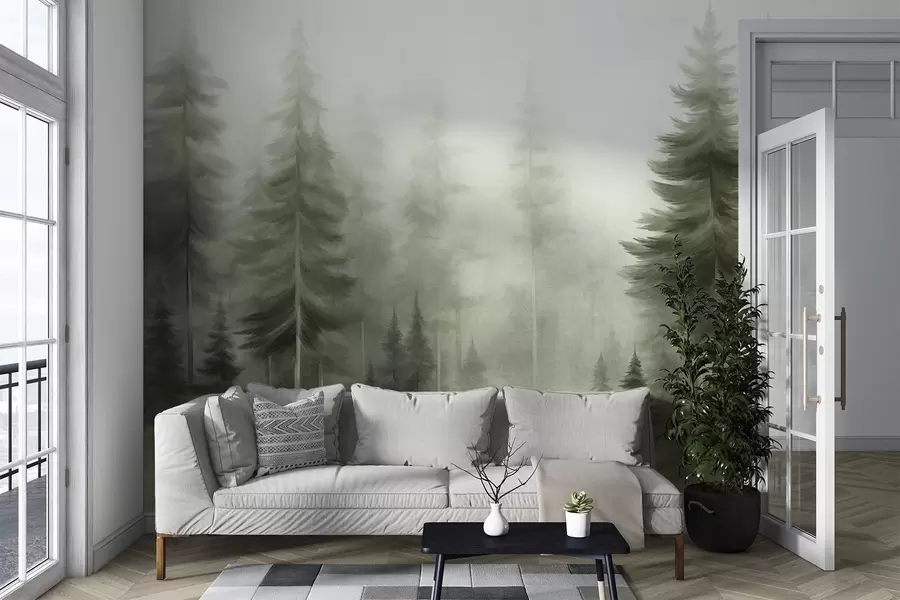 murales de pared Un bosque frondoso con altos pinos envueltos en una ligera niebla; obra de arte paisajística con textura w09830v1