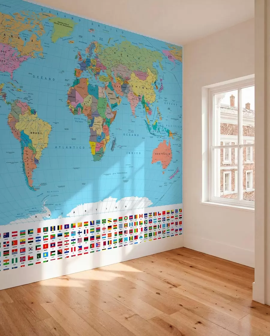 murales de pared Un mapa político del mundo en color verde oliva con banderas en español c00004es