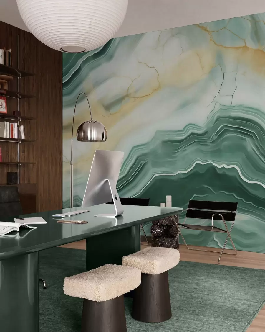 murales de pared Imitación de un patrón abstracto con textura de mármol, en tonos verdes y amarillos w05587