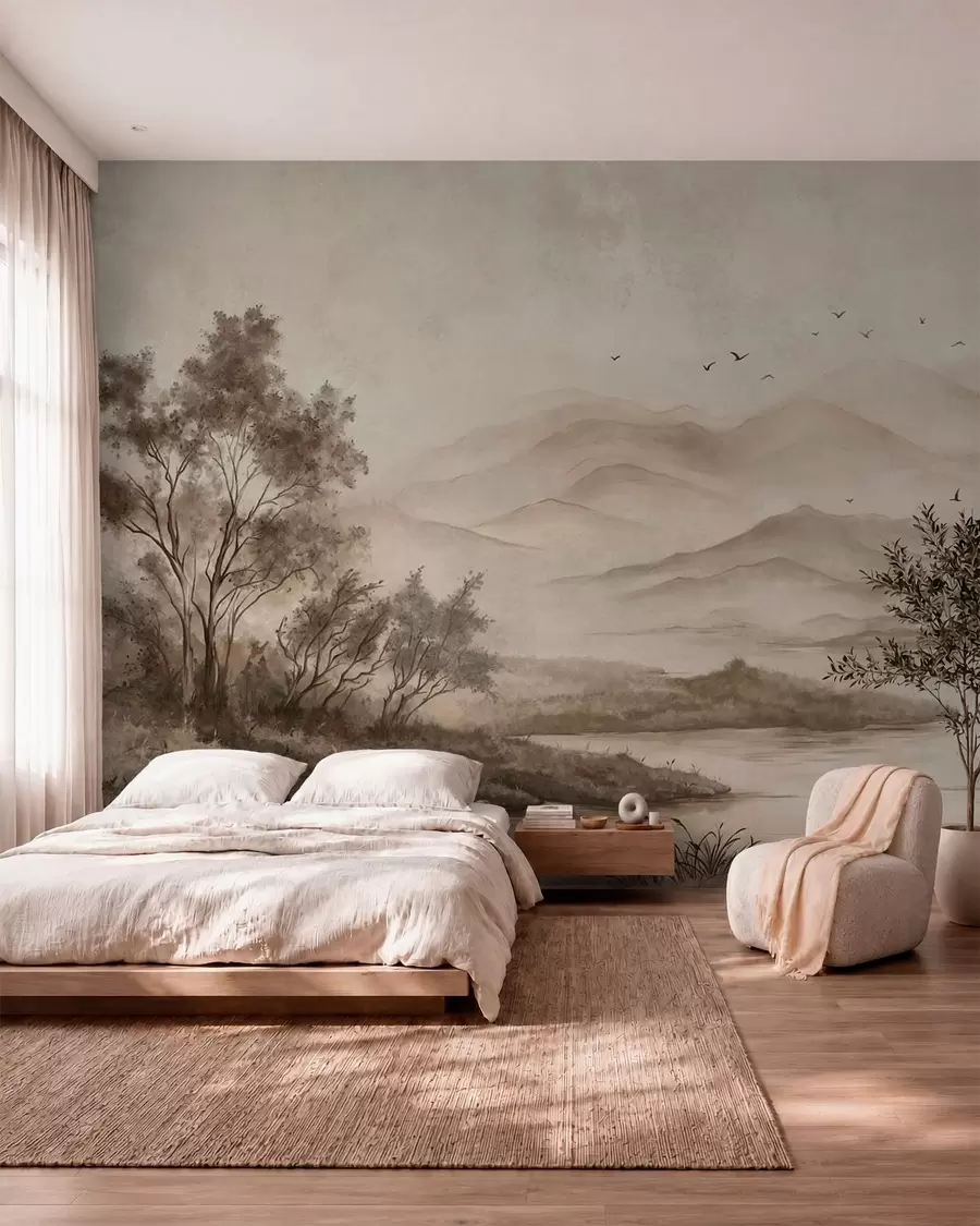 murales de pared Paisaje de montaña brumoso con un río y pájaros w05535