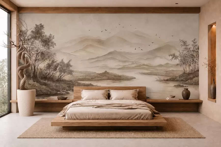 murales de pared Paisaje de montaña brumoso con un río y pájaros w05535
