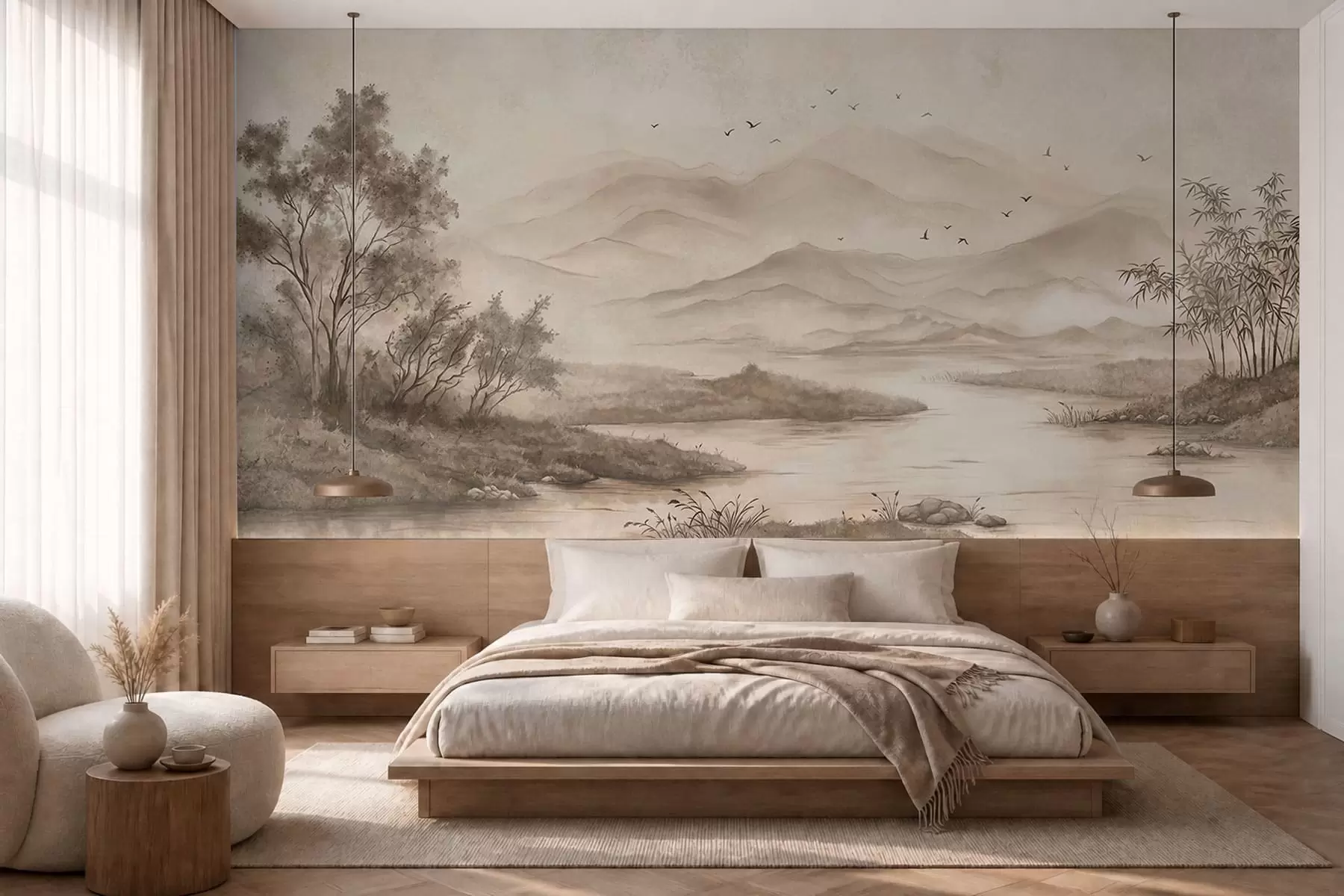 murales de pared Paisaje tranquilo con un río y montañas en la lejanía w05535v1