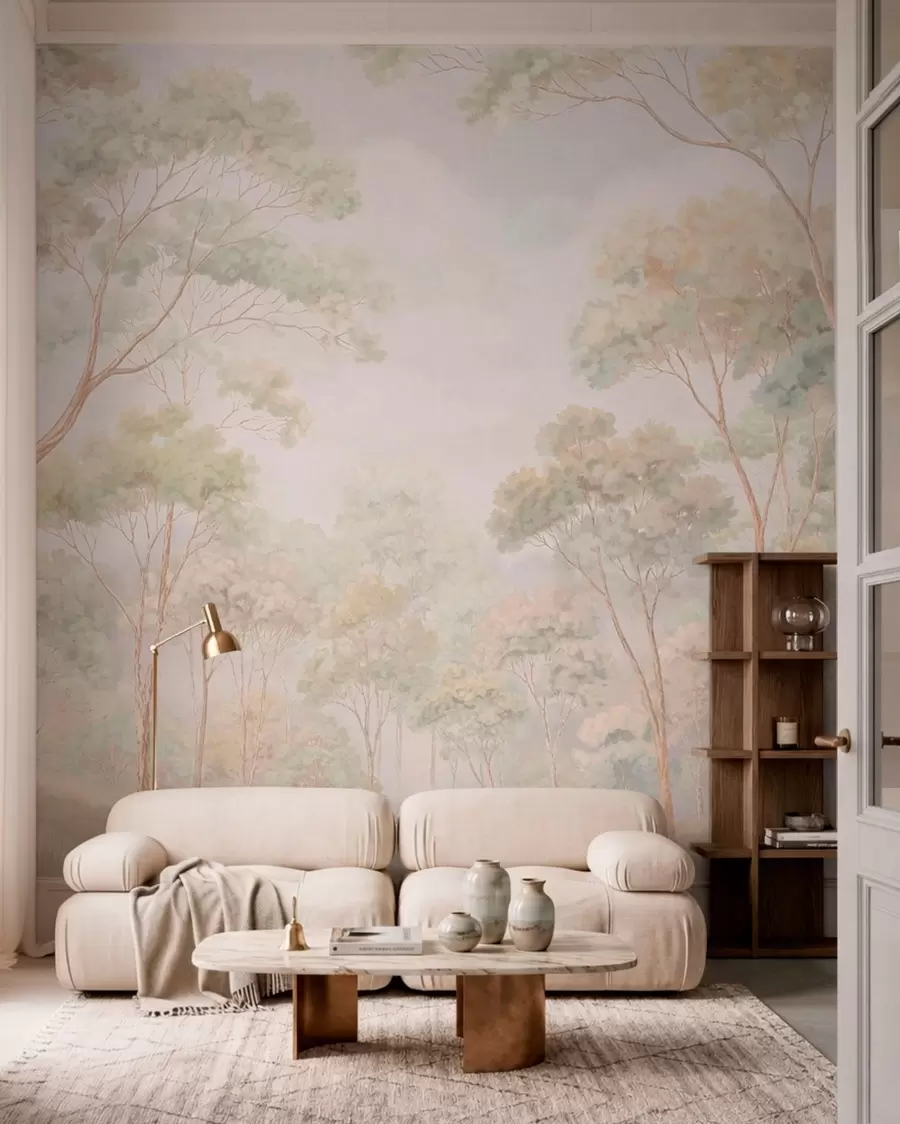 murales de pared Escena forestal luminosa con árboles altos w05624