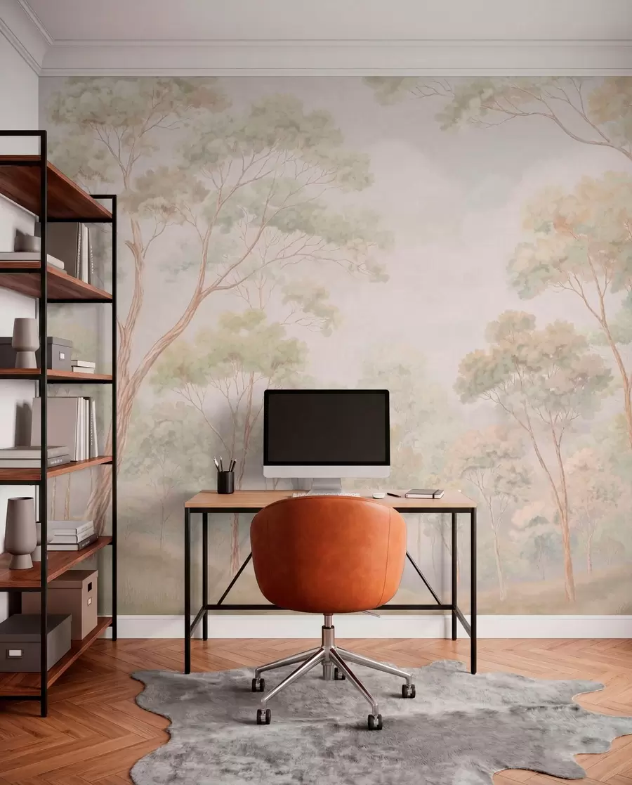 murales de pared Escena forestal luminosa con árboles altos w05624
