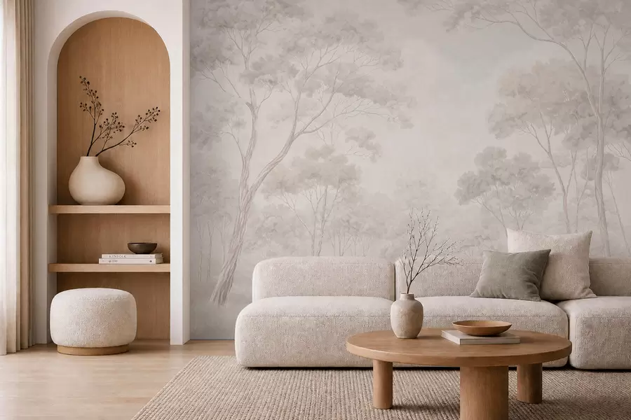 murales de pared Un bosque brumoso y apacible en tonos pastel w05624v1