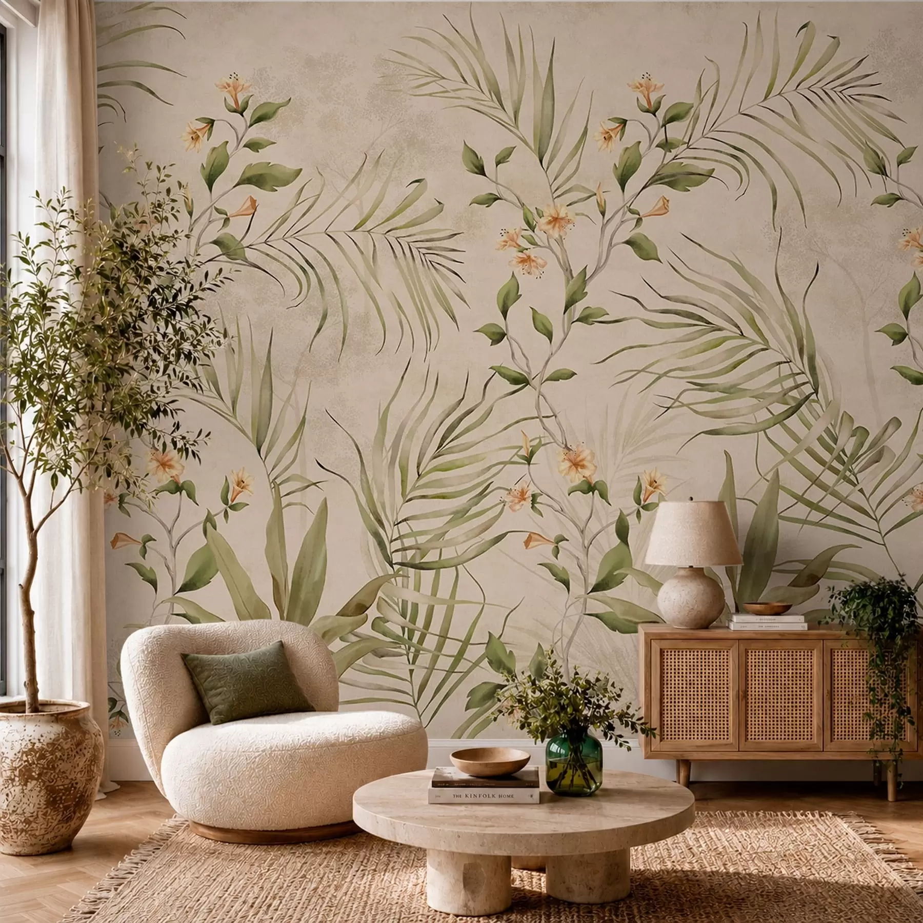murales de pared Hojas tropicales y flores delicadas sobre un fondo beige w05625