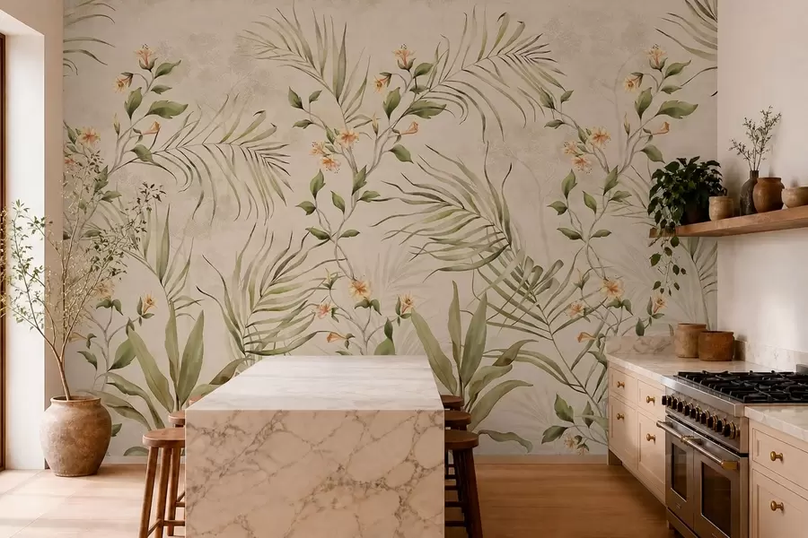 murales de pared Hojas tropicales y flores delicadas sobre un fondo beige w05625
