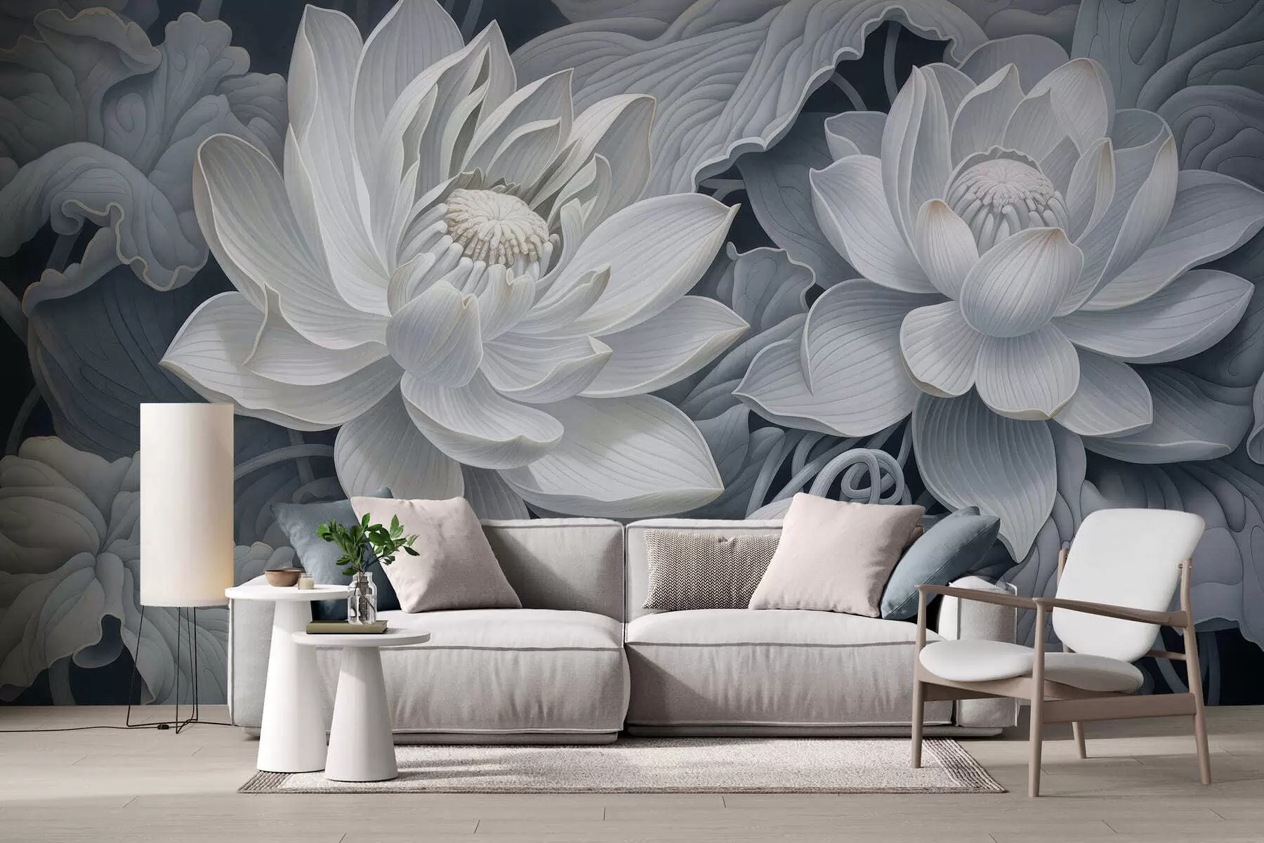 murales de pared Flores de loto de estilo vintage con suaves tonos sepia y pétalos detallados; ilustración botánica artística w05494