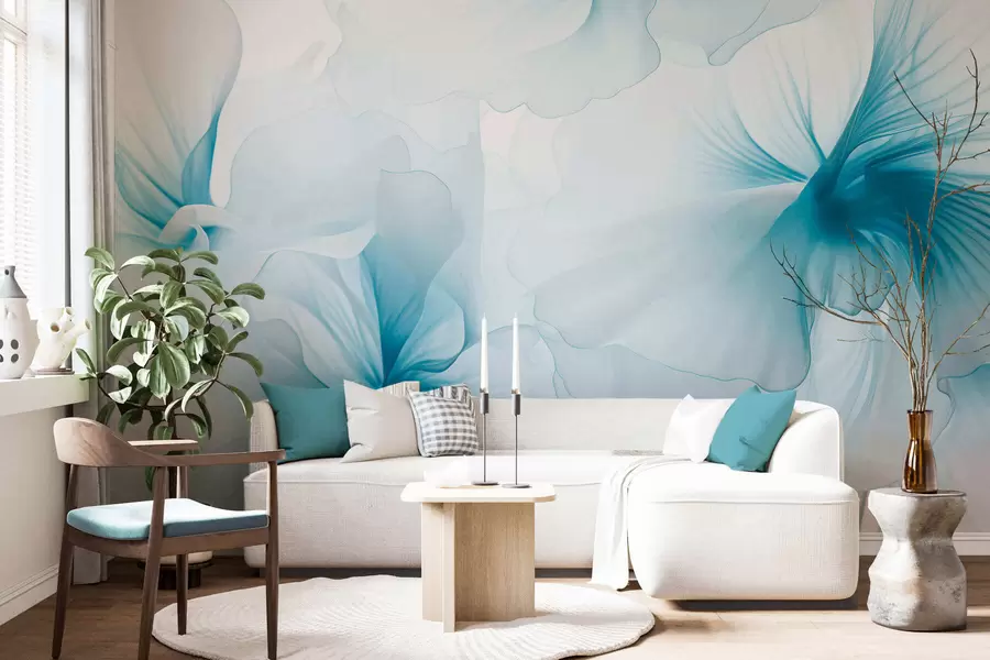 murales de pared Flores en tonos rosados suaves con pétalos vaporosos y translúcidos, al estilo acuarela; una elegante composición floral w05360v2