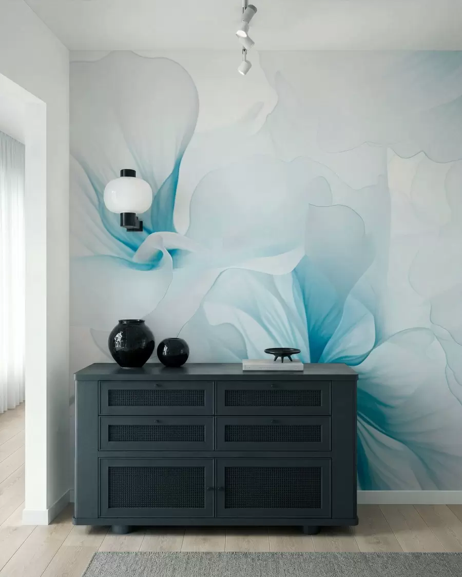 murales de pared Flores en tonos rosados suaves con pétalos vaporosos y translúcidos, al estilo acuarela; una elegante composición floral w05360v2