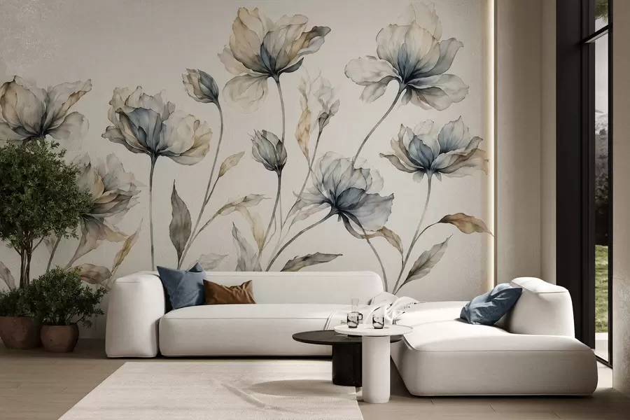 murales de pared Flores elegantes y ligeras, con pétalos translúcidos en capas y tallos largos y delicados w05579